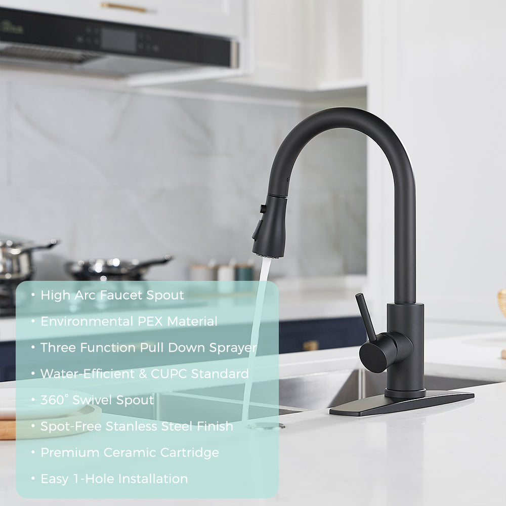 FORIOUS Pull Down Sprayer Kitchen Faucet ，Single Handle Kitchen Sink Faucet ， Matte Black