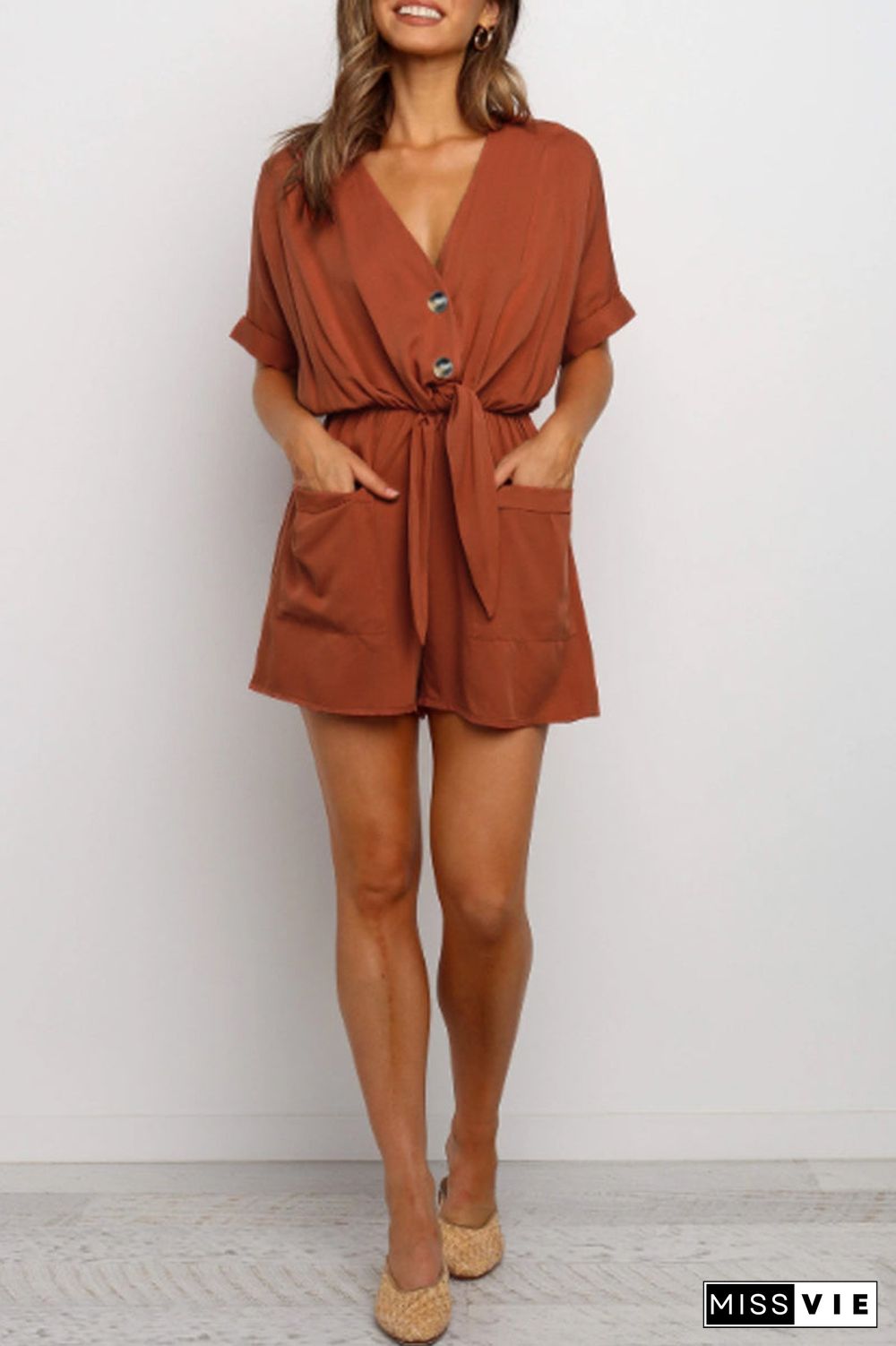 Solid Color Tie Up Pocket Romper