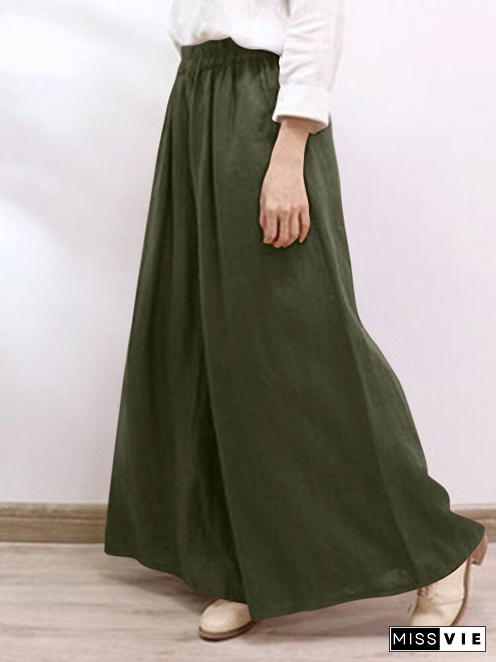 Solid Pocket Elastic Waist Wide Leg Casual Pants