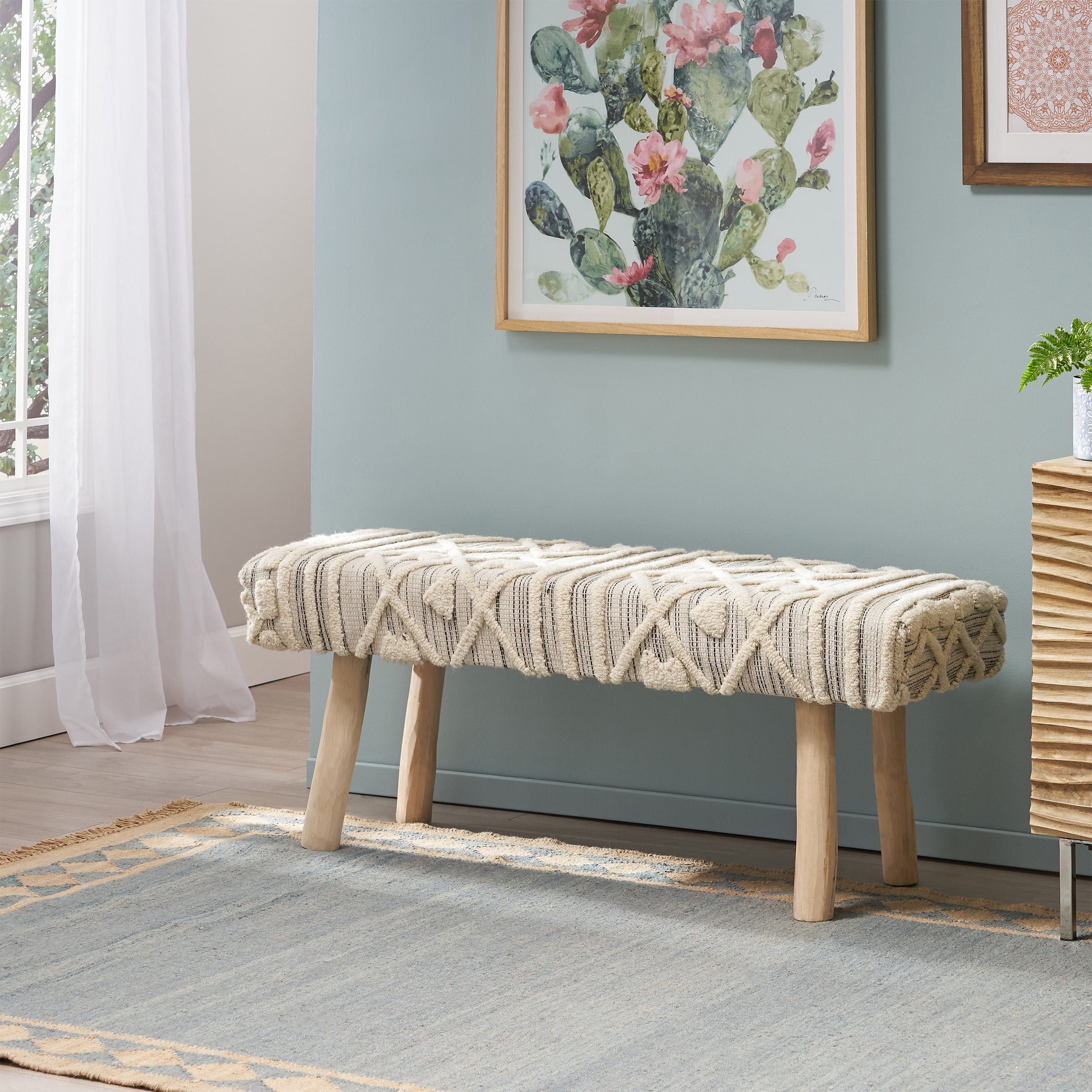 Carrera Handcrafted Boho Rectangular Wool & Fabric Bench