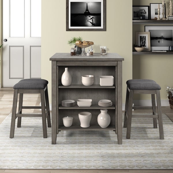 3 Piece Square Dining Table with Padded Stools and Storage Shelf