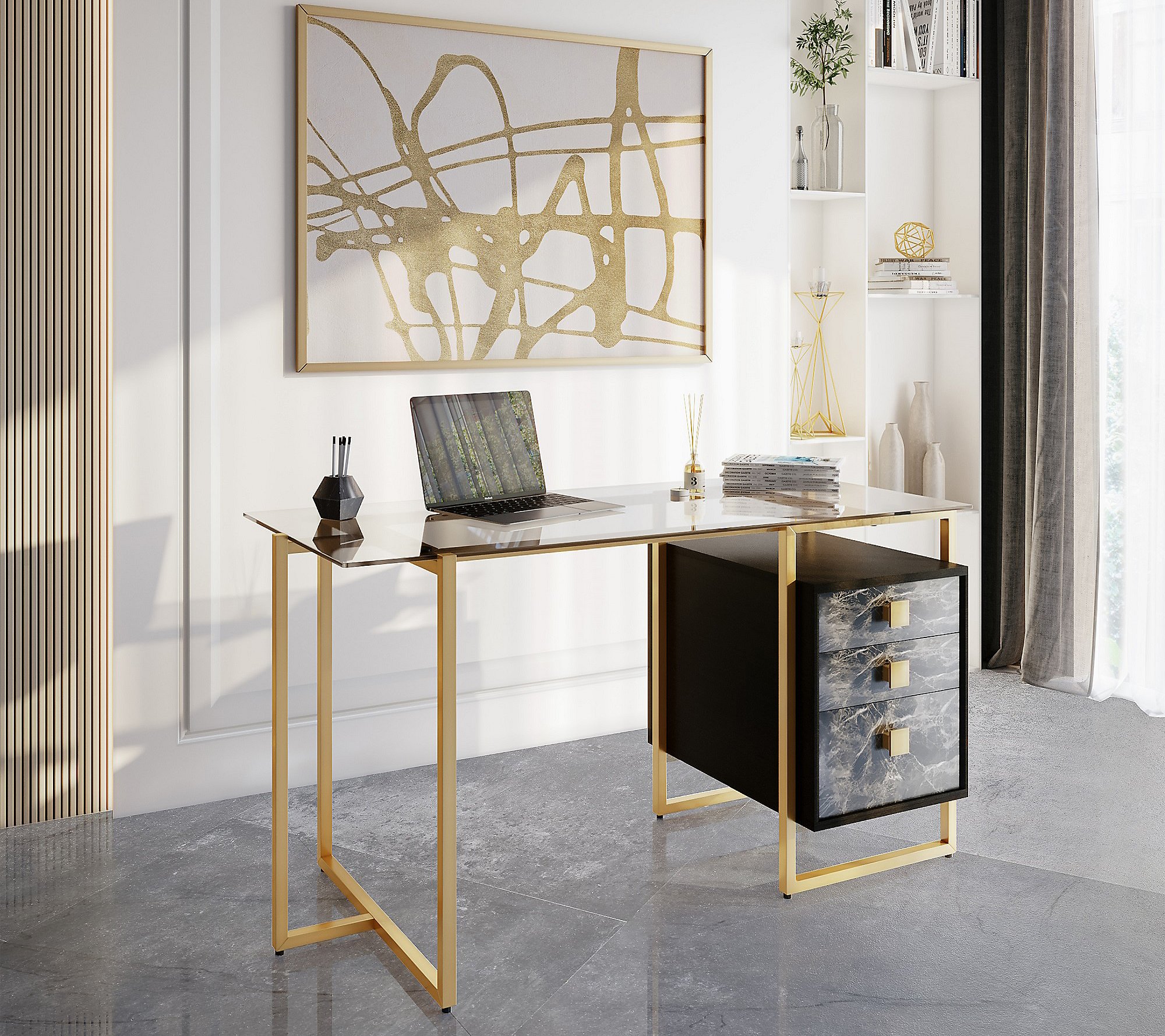 Techni Mobili Glass Top Computer Desk W Storage