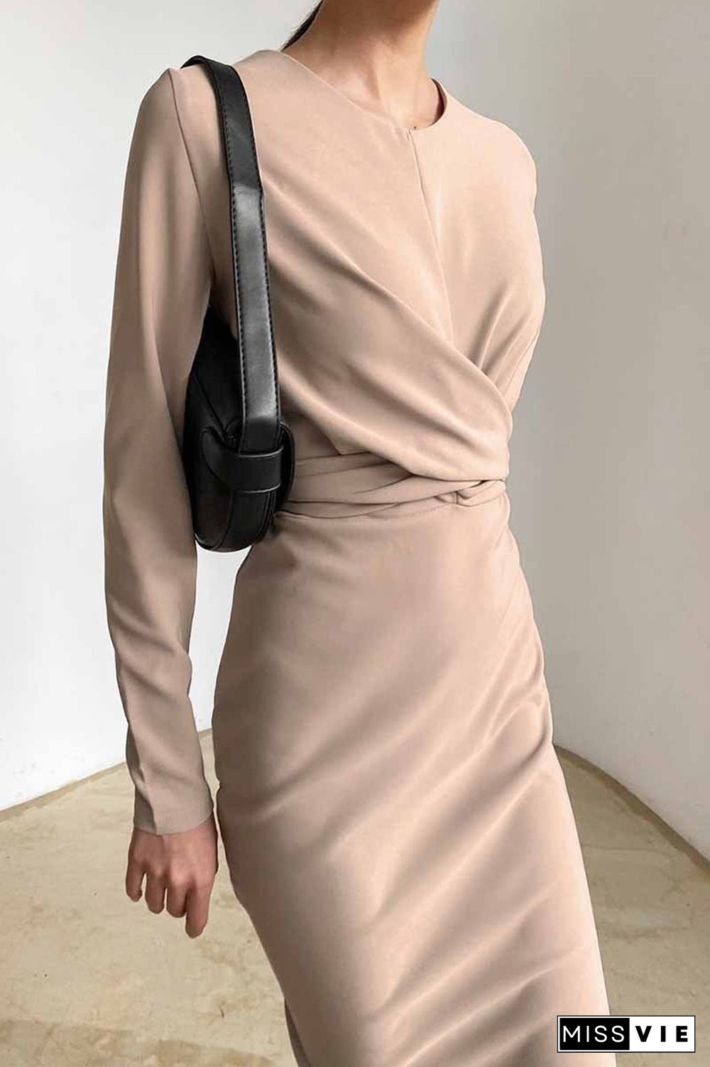 Fashion Long Sleeve Waist Midi Dress