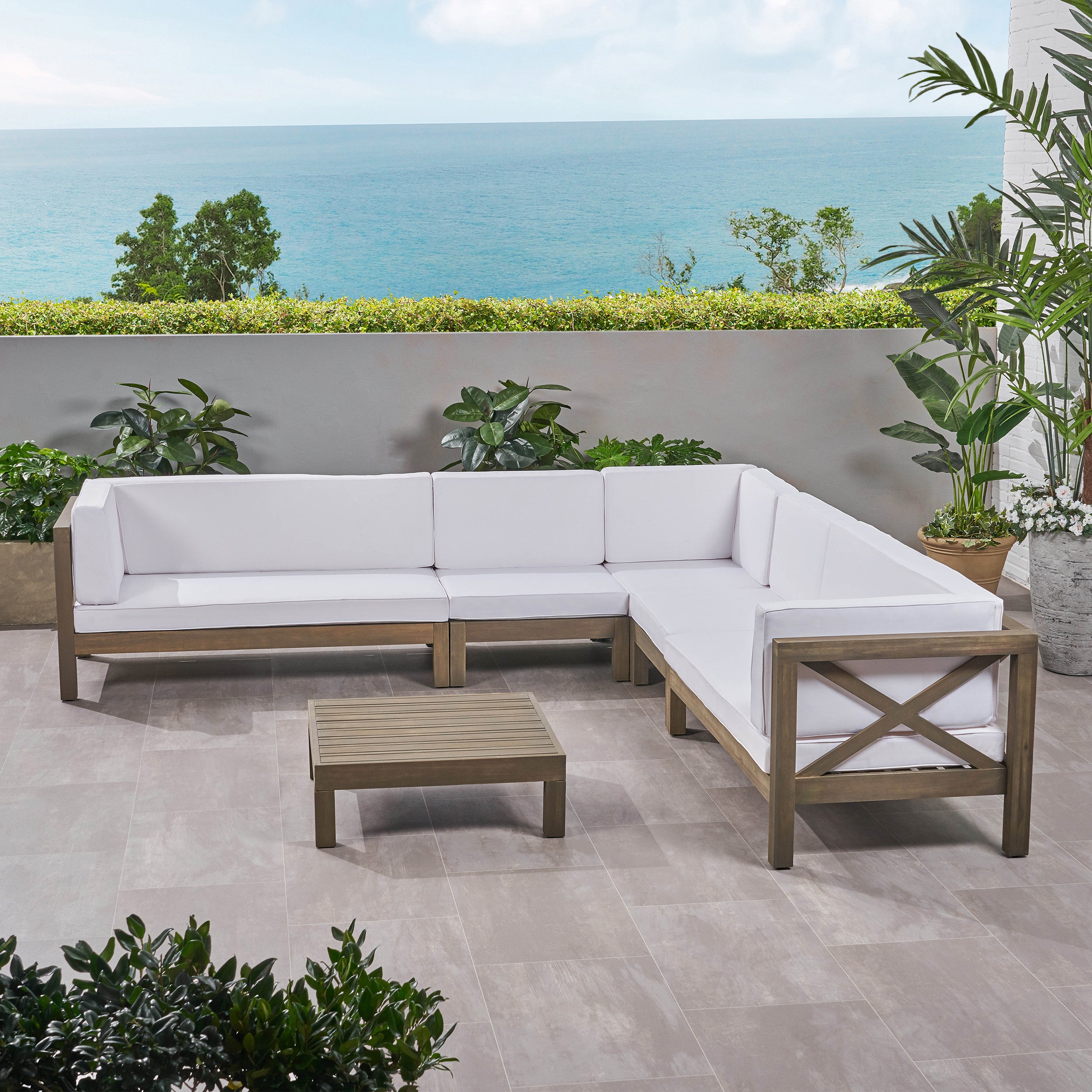 Cynthia Outdoor 7 Seater Acacia Wood Sectional Sofa Set