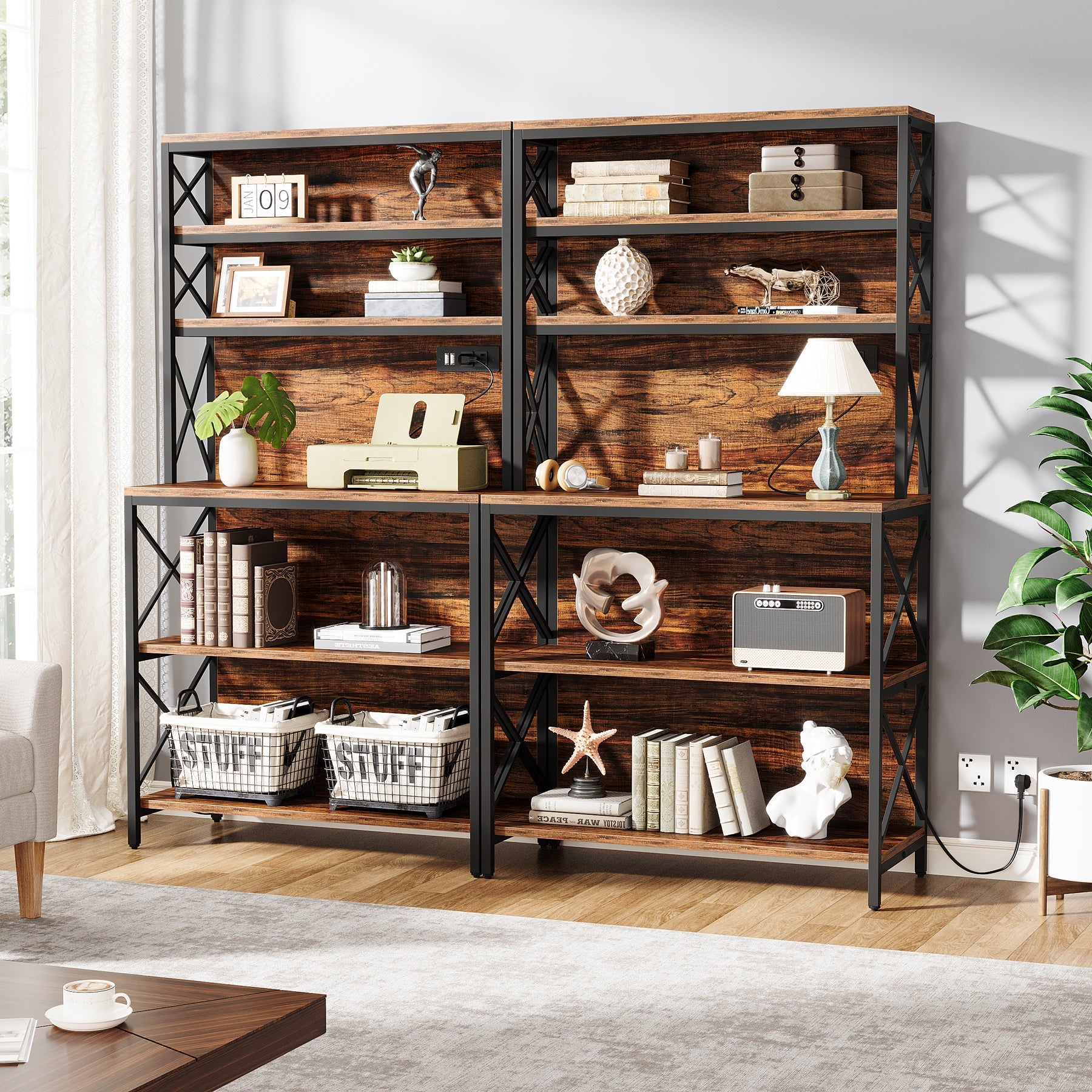 70 Bookshelf, Wood Bookcase Display Shelf with Power Outlets