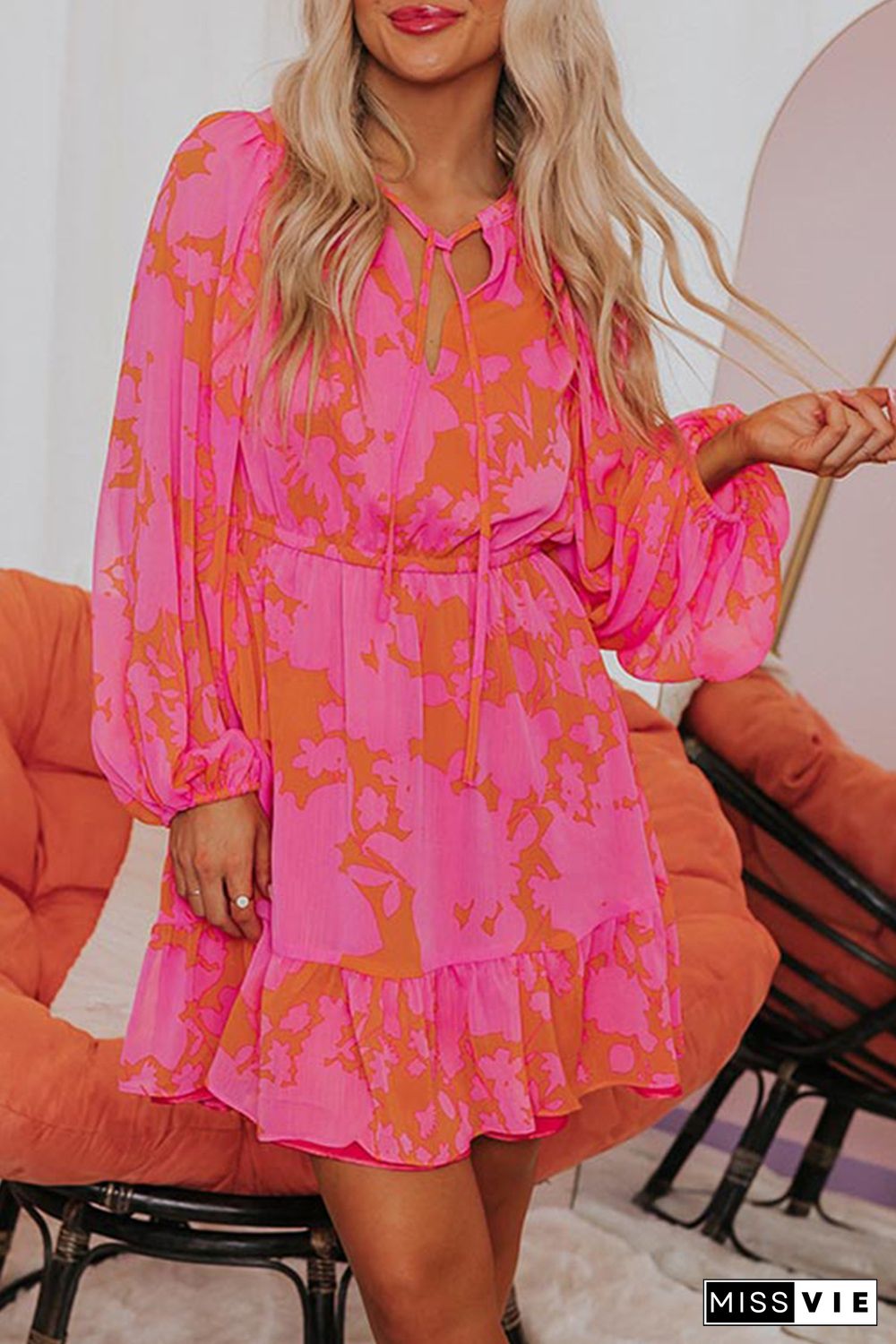 Rose Abstract Printed Puff Sleeve Ruffle Flowy Dress