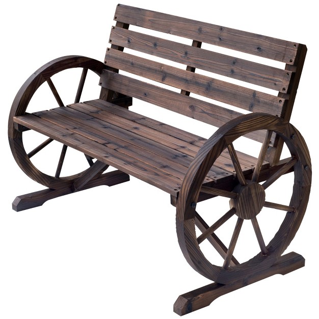 Outsunny Wooden Wagon Wheel Bench Rustic Outdoor Patio Furniture 2 person Seat Bench With Backrest