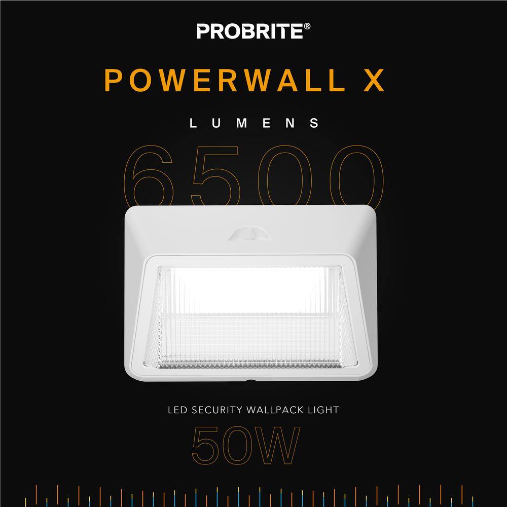 PROBRITE 175W Equivalent Integrated LED White Dusk to Dawn Commercial Refractor Wall Pack Light 6500 Lumens 4000K PRWX50-H-PC-4K-WH