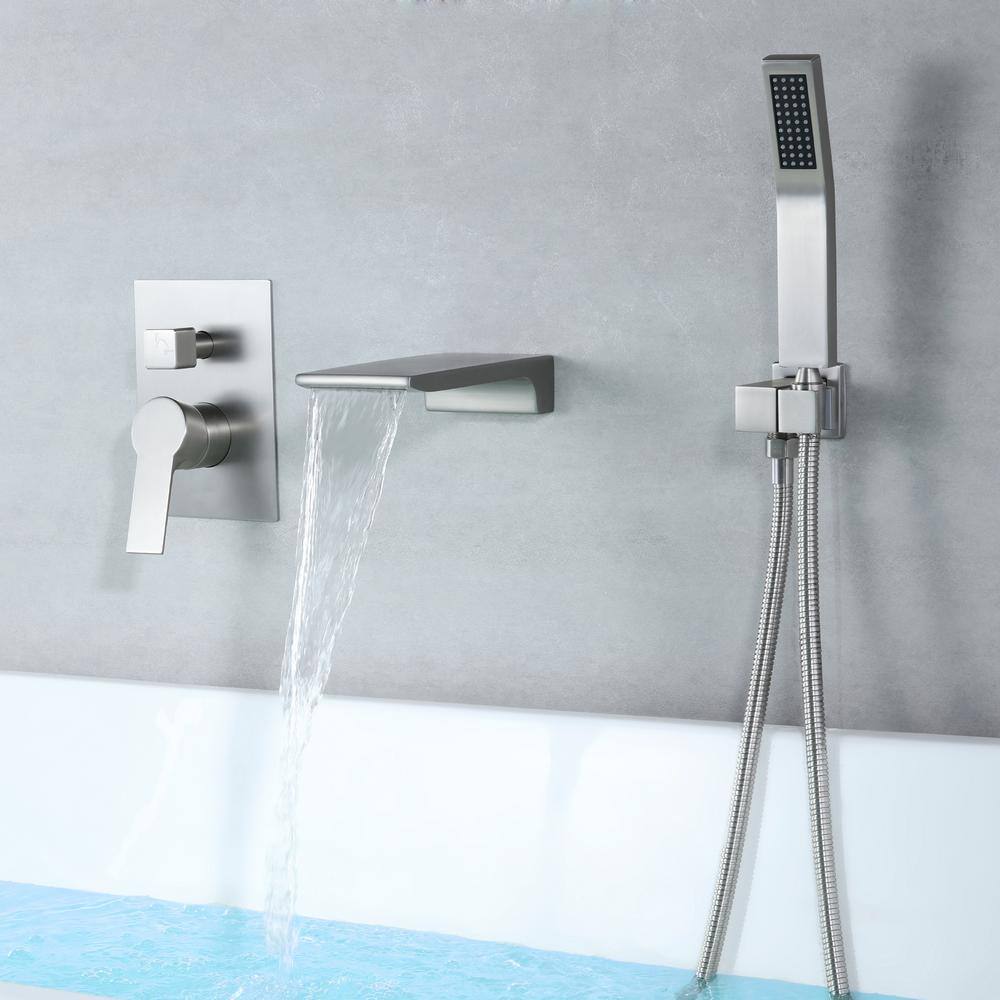 WELLFOR Single-Handle Wall-Mount Roman Tub Faucet with Hand Shower and Waterfall Spout in Brushed Nickel (Valve Included) SPA-88020BN