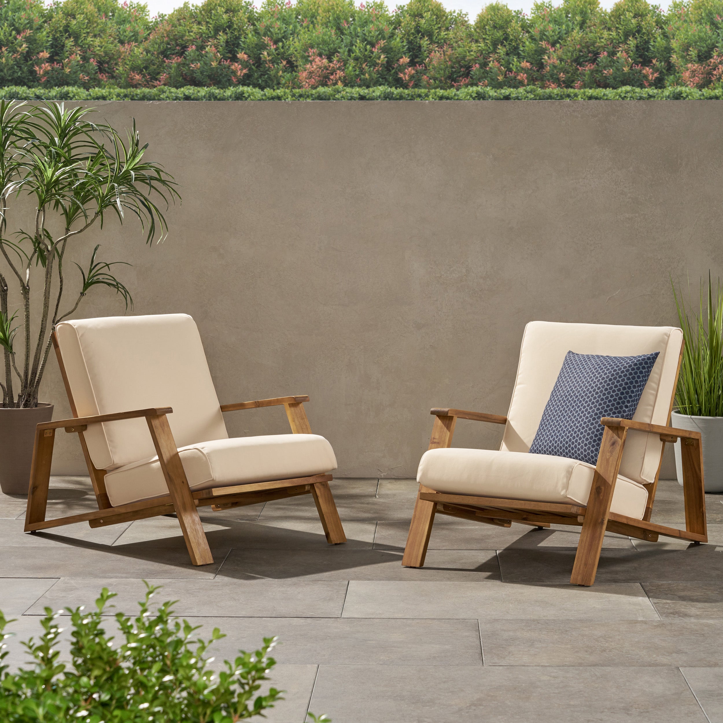 Youssef Outdoor Acacia Wood Club Chairs with Cushions (Set of 2)