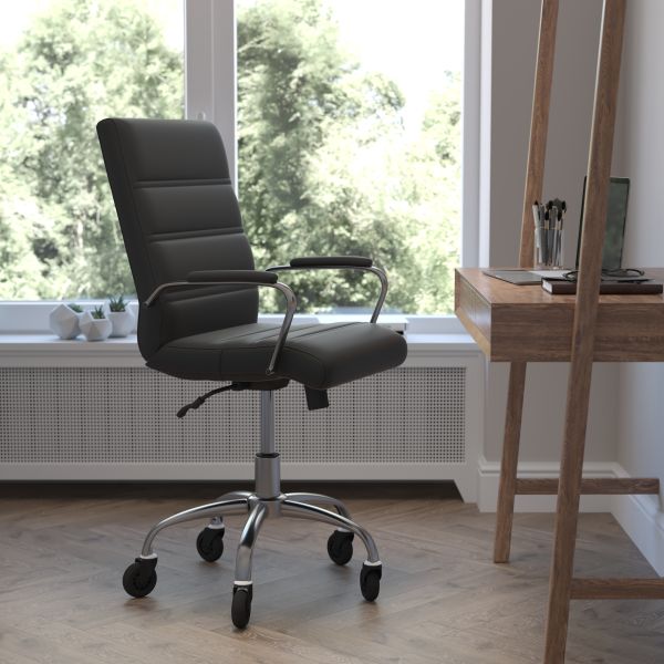 Camilia Mid-Back Black LeatherSoft Executive Swivel Office Chair with Chrome Frame， Arms， and Transparent Roller Wheels