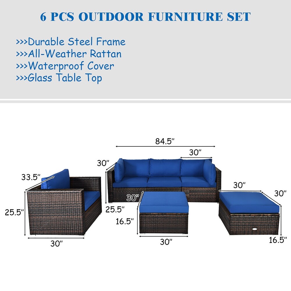 Costway 6PCS Patio Rattan Furniture Set Sofa Coffee Table Ottoman Navy   See Description