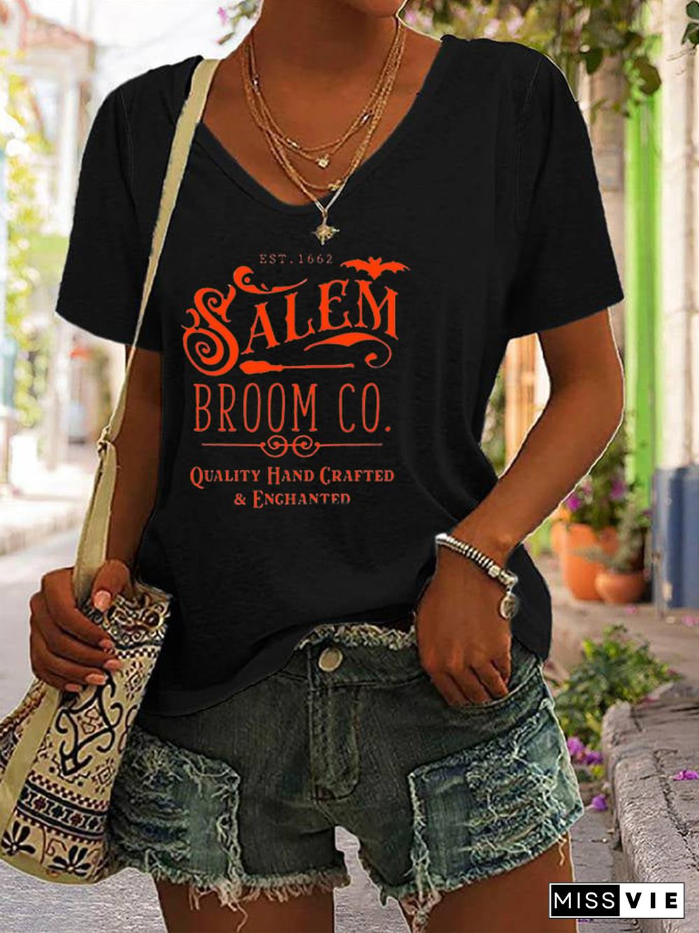 Women's Halloween Salem Broom Co Print Casual V-Neck Tee