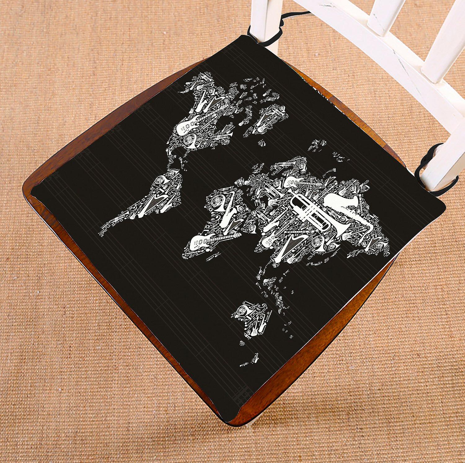 Globe Chair Pad， World Map Silhouette Made With Musical Instruments Black And White Seat Cushion Chair Cushion Floor Cushion 40x40 Cm