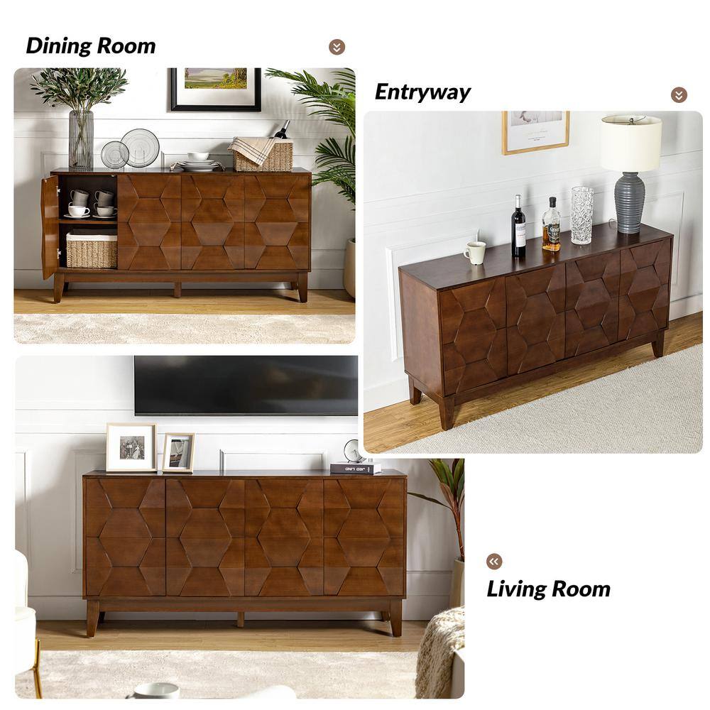 JAYDEN CREATION Kamis Modern Walnut 60 in. Hexagonal Embellishments Sideboard with Solid Wood Legs SBHM0574-WALNUT