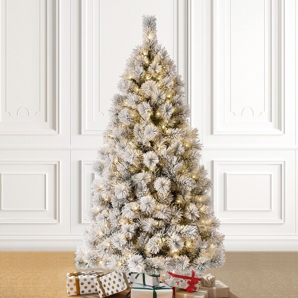 Glitzhome 6ft PreLit Flocked Artificial Pine/Fir Christmas Tree 300 Warm White Lights