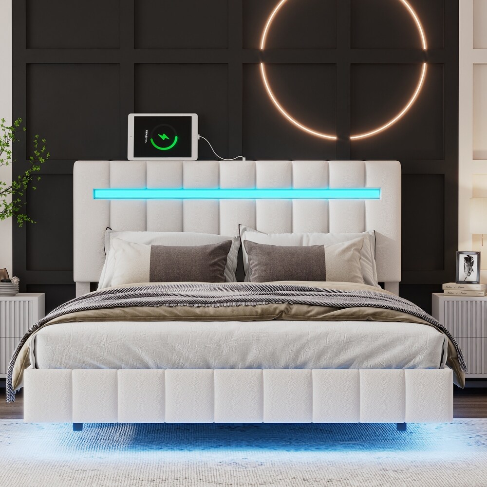 Floating Bed Frame w/ LED Lights Headboard Unique PU Upholstered Platform LED Bed Frame w/ USB Power Strips No Box Spring Needed