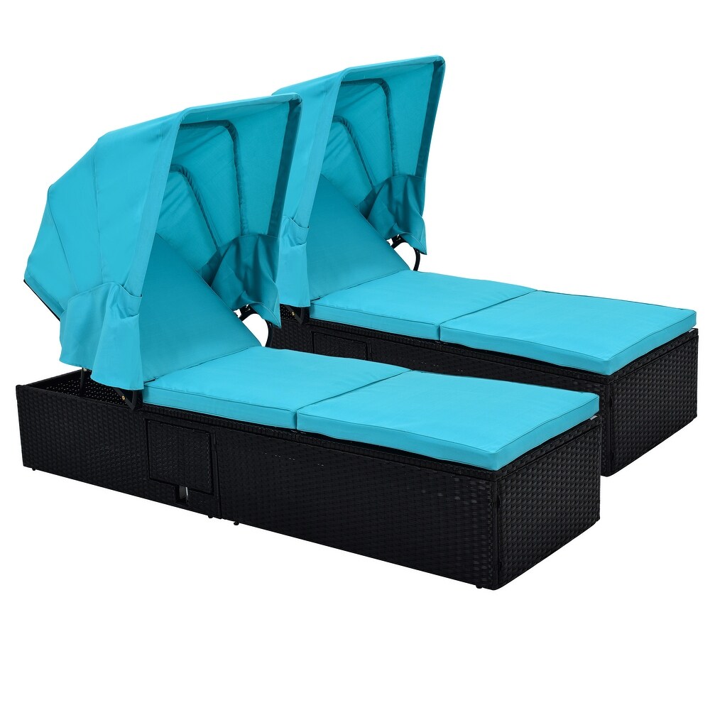 Long Reclining Single Chaise Lounge With Cushions Canopy And Cup Table  Weather Durable Frame