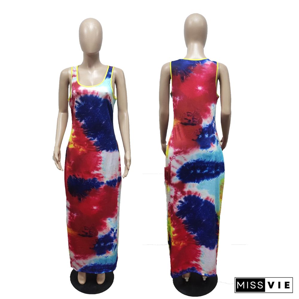 Tie Dye Sleeveless O Neck Plus Size Maxi Dress