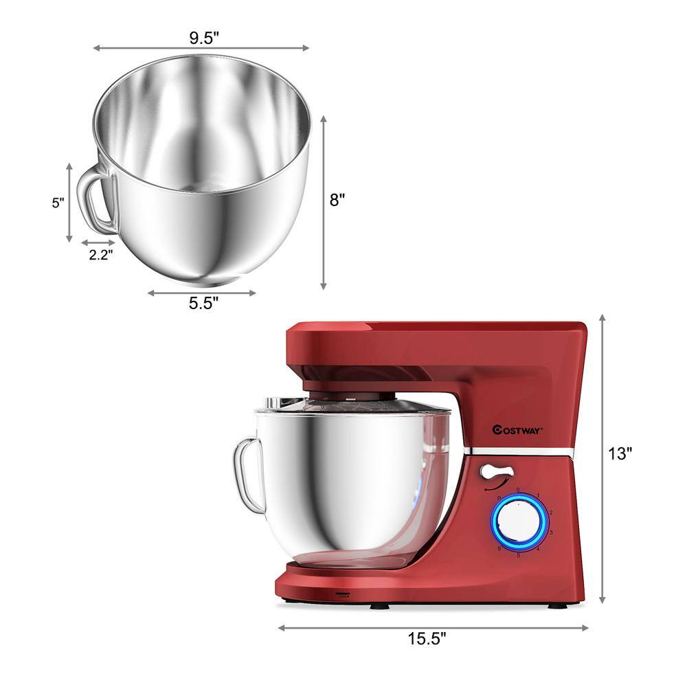 Costway 660W 7.5 qt. . 6-Speed Red Stainless Steel Stand Mixer with Dough Hook Beater EP24647RE