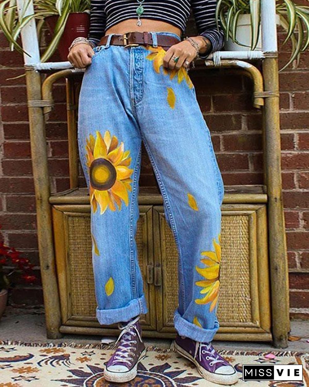 Women's Casual Print Washed Sun Flower Loose Jeans