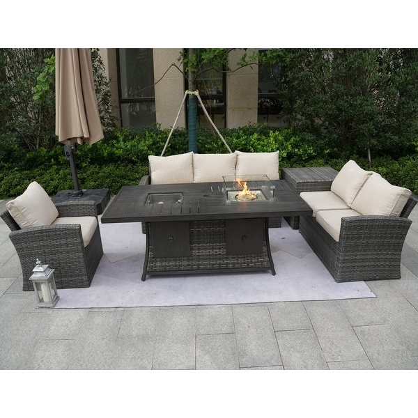 5Piece Patio Wicker Conversation Sofa with Firepit Table and Storage Box