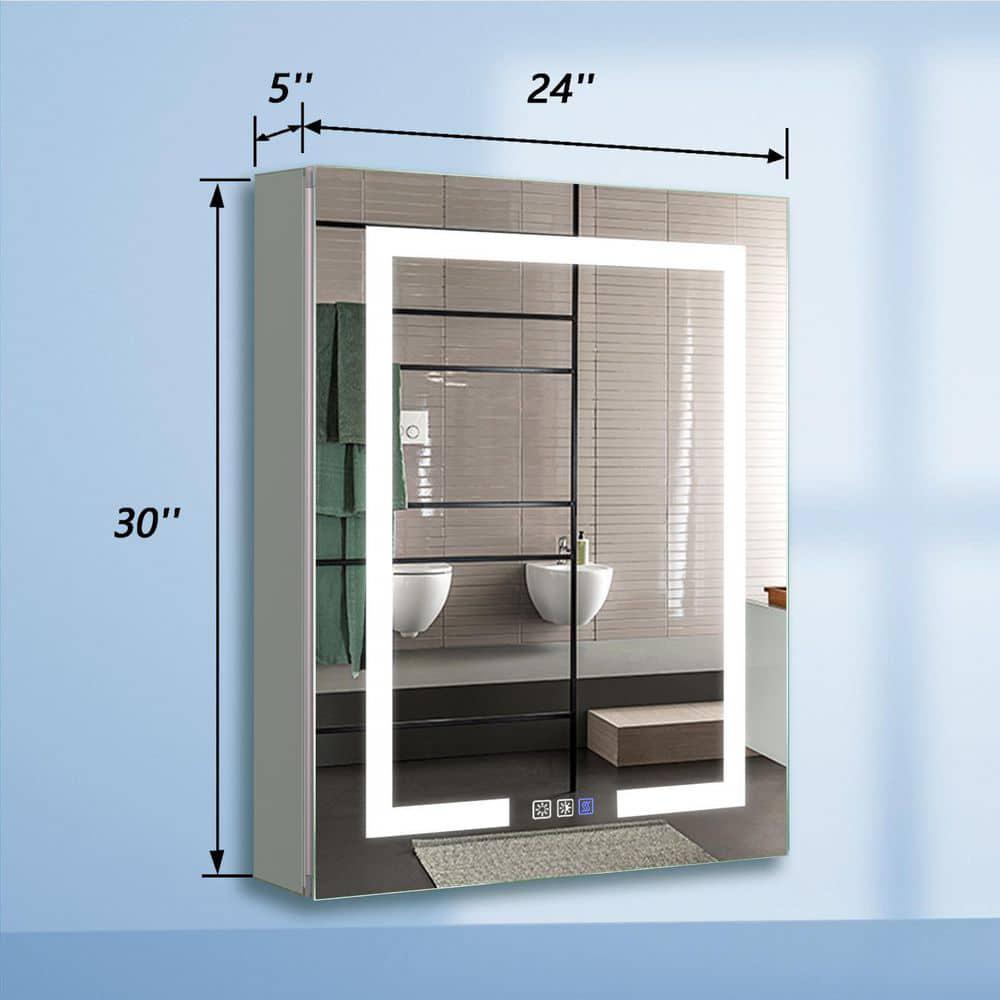 ExBrite 24 in W x 30 in H Rectangular Silver Aluminum RecessedSurface Mount Right Medicine Cabinet with Mirror and LED Light