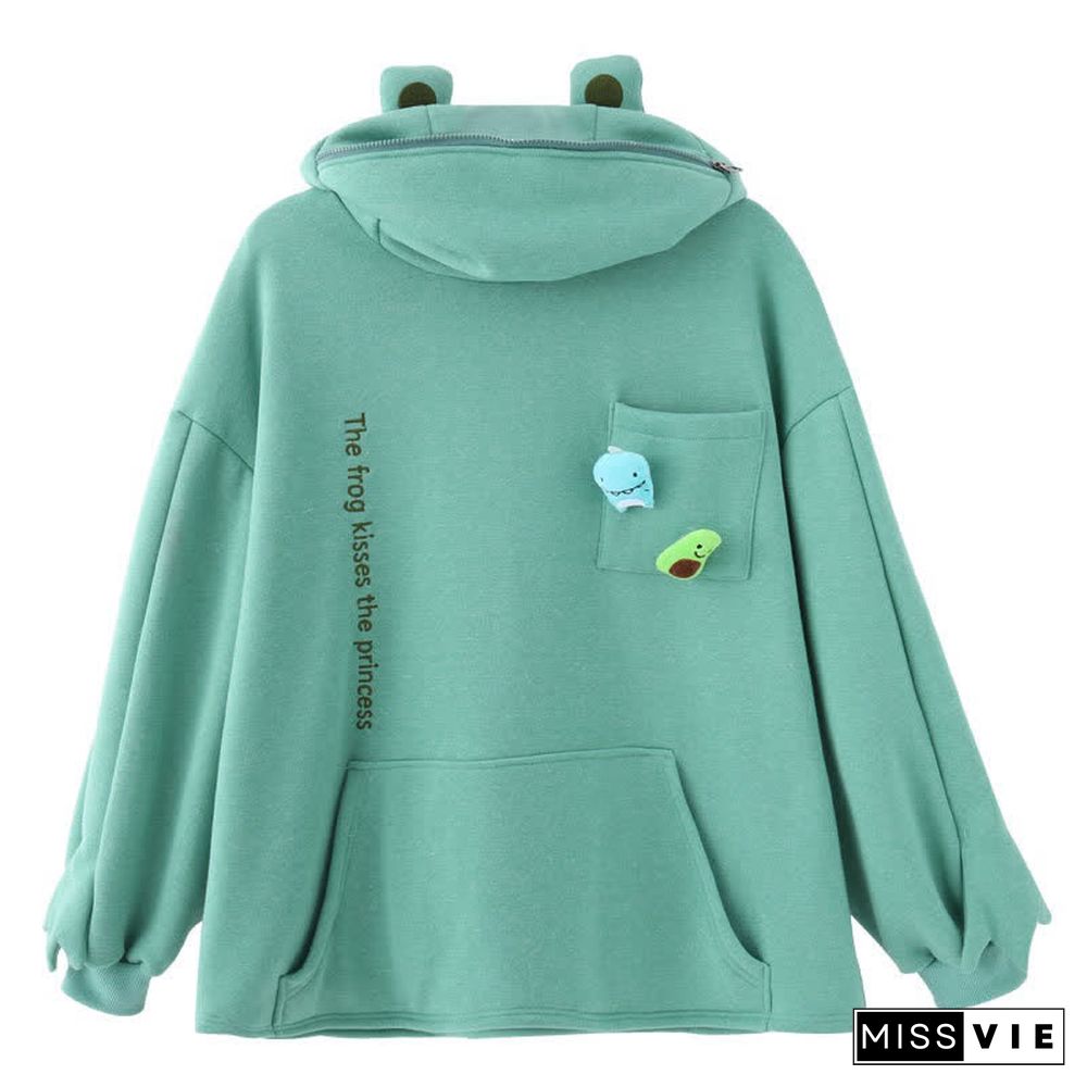 Frog Letter Zipper Pocket Oversized Hoodie THE FROG KISSES THE PRINCESS