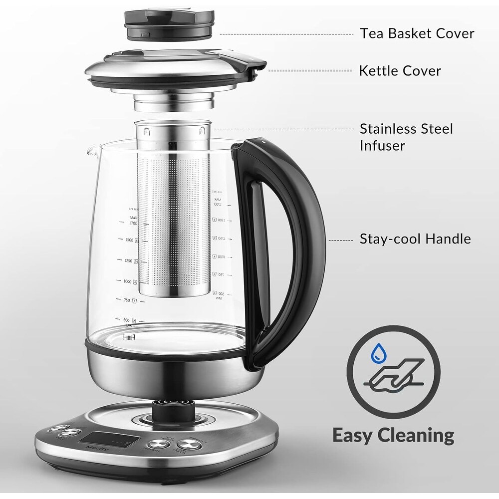 1.7L Electric Glass Tea Maker  LCD Display and Preset Brewing Programs