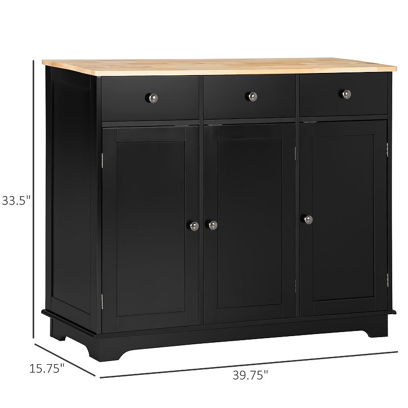 HOMCOM Modern Sideboard with Rubberwood Top， Buffet Cabinet with Storage Cabinets， Drawers and Adjustable Shelves for Living Room， Kitchen， Black