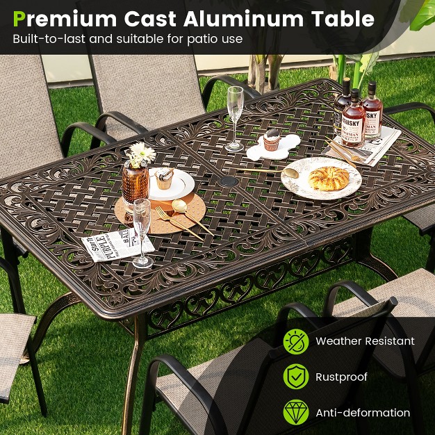 Patio Rectangle Dining Table Outdoor Cast Aluminum Table W Umbrella Hole