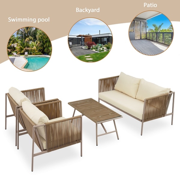 4Pieces Outdoor Wicker Conversation Set with Toughened Glass Table，AllWeather Patio Furniture Set with Loveseat and 2 Chairs