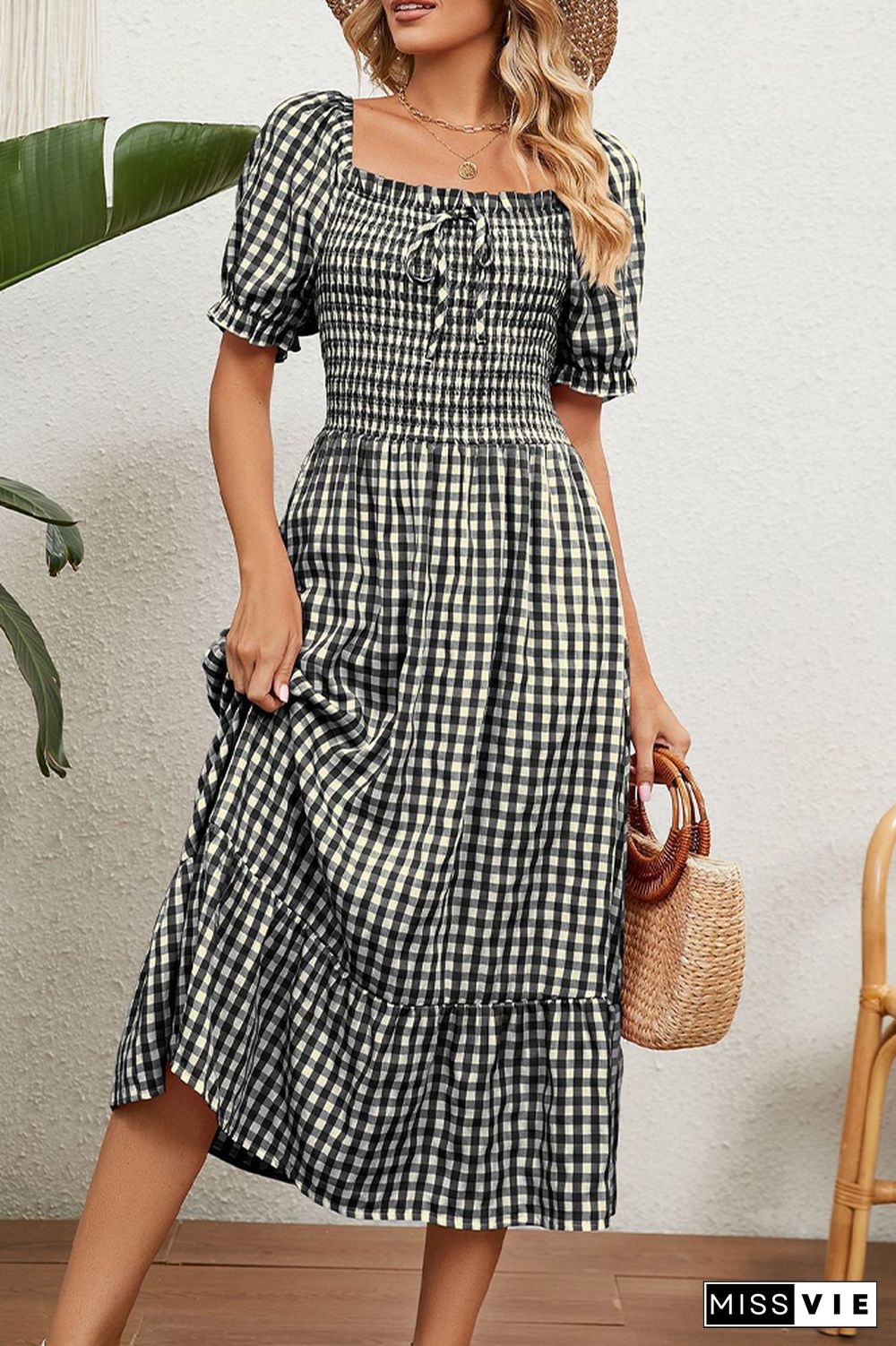 Square Neck Plaid Long Dress