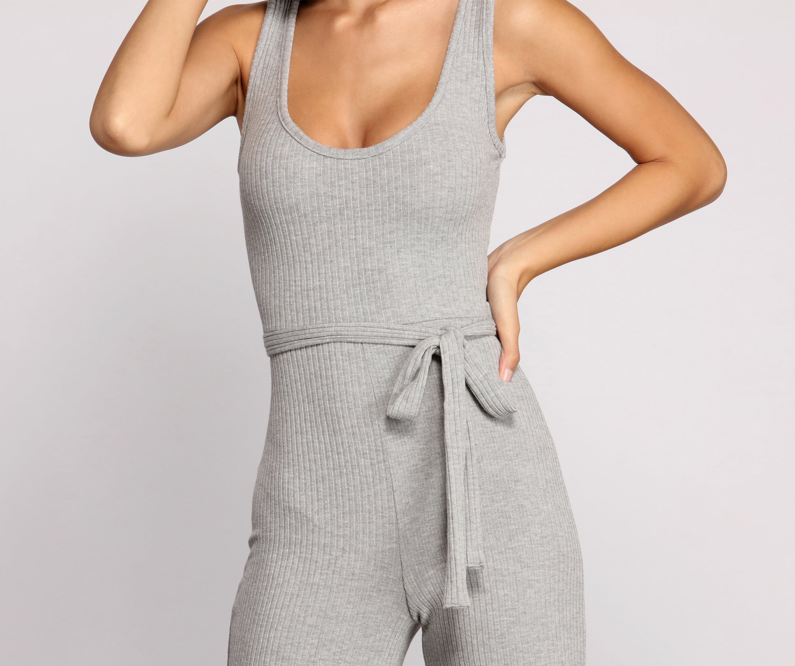 Casual and Chic Ribbed Tie Waist Jumpsuit