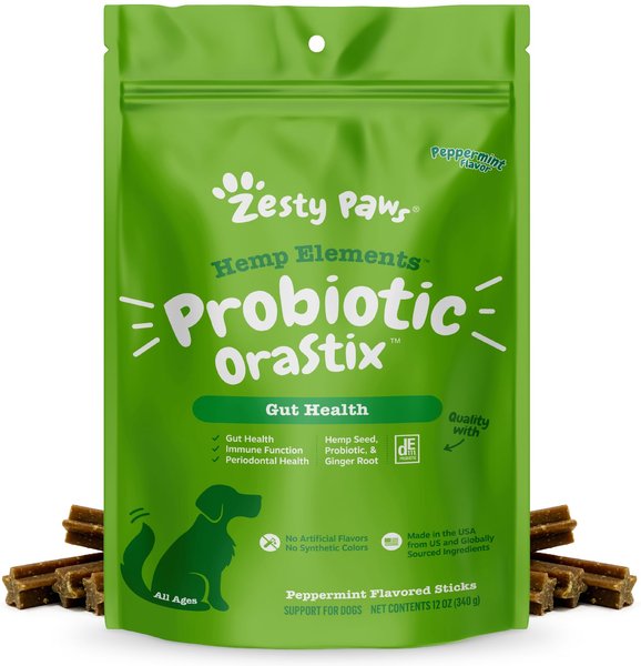 Zesty Paws Hemp Elements Probiotic OraStix Peppermint Flavored Dog Dental Chews