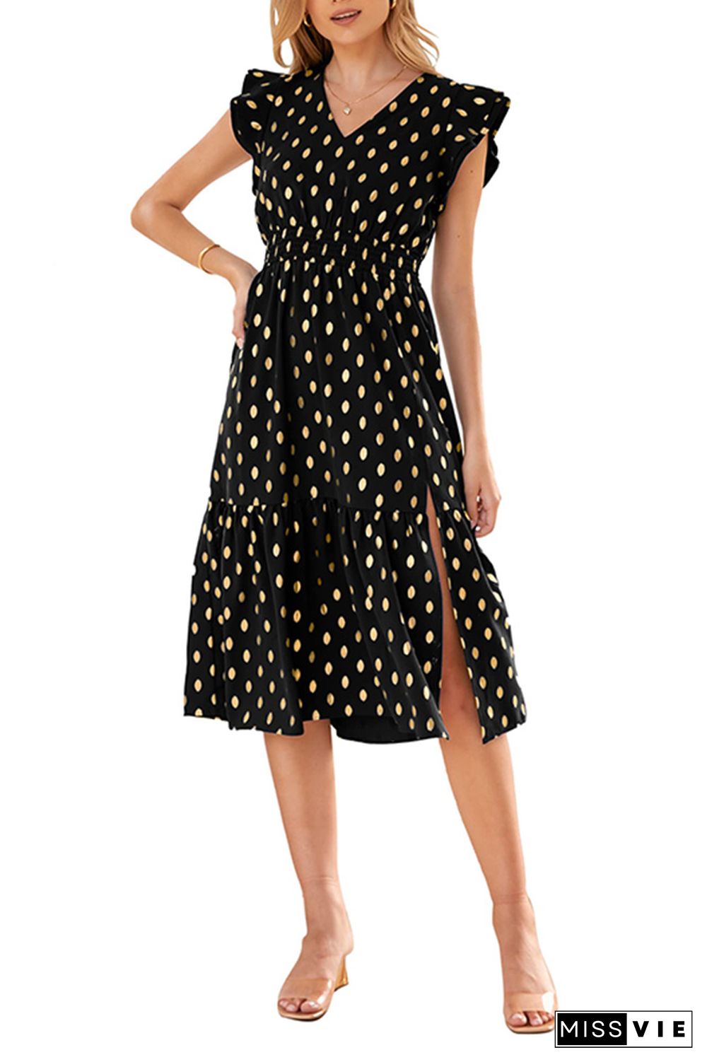 V Neck Foil Spot Print High Waist Midi Dress