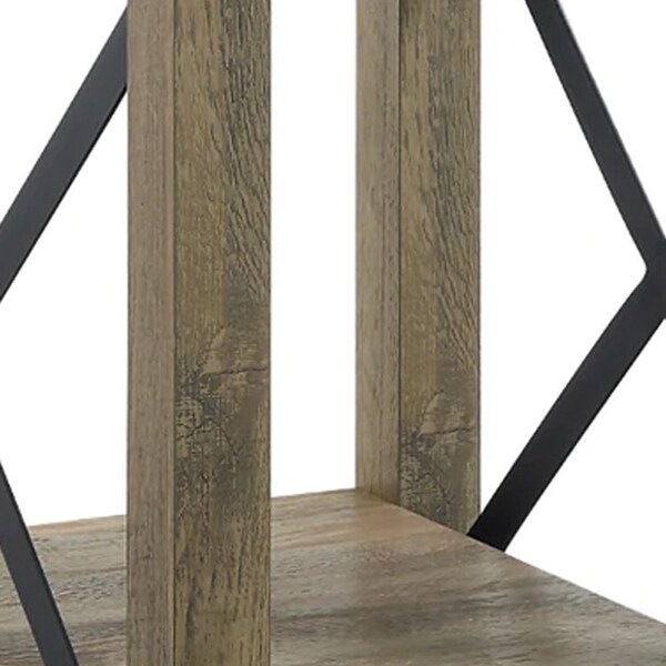 Eli 22 Inch Wood End Table， Metal Brackets， Cross Bars， Rustic Oak Brown