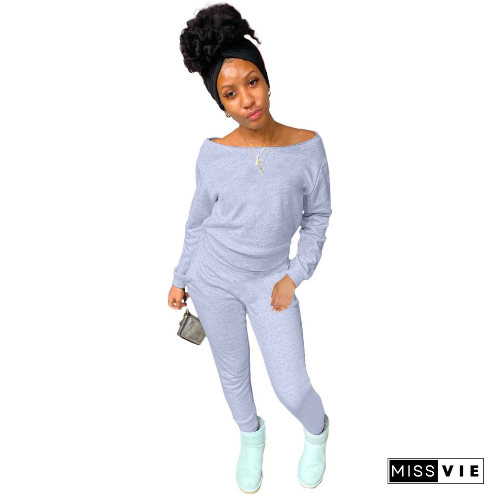 Solid Off Shoulder Long Sleeve T Shirt And Pants Set