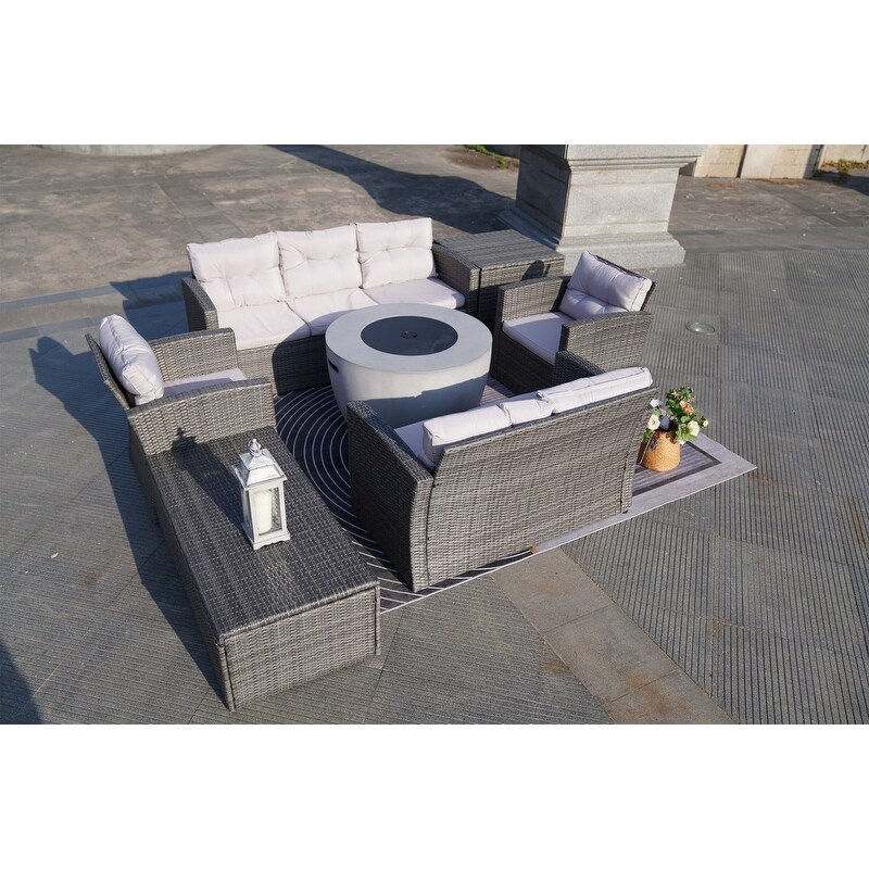 7 Piece Outdoor Wicker Conversation Sofa Set with Fire Pit