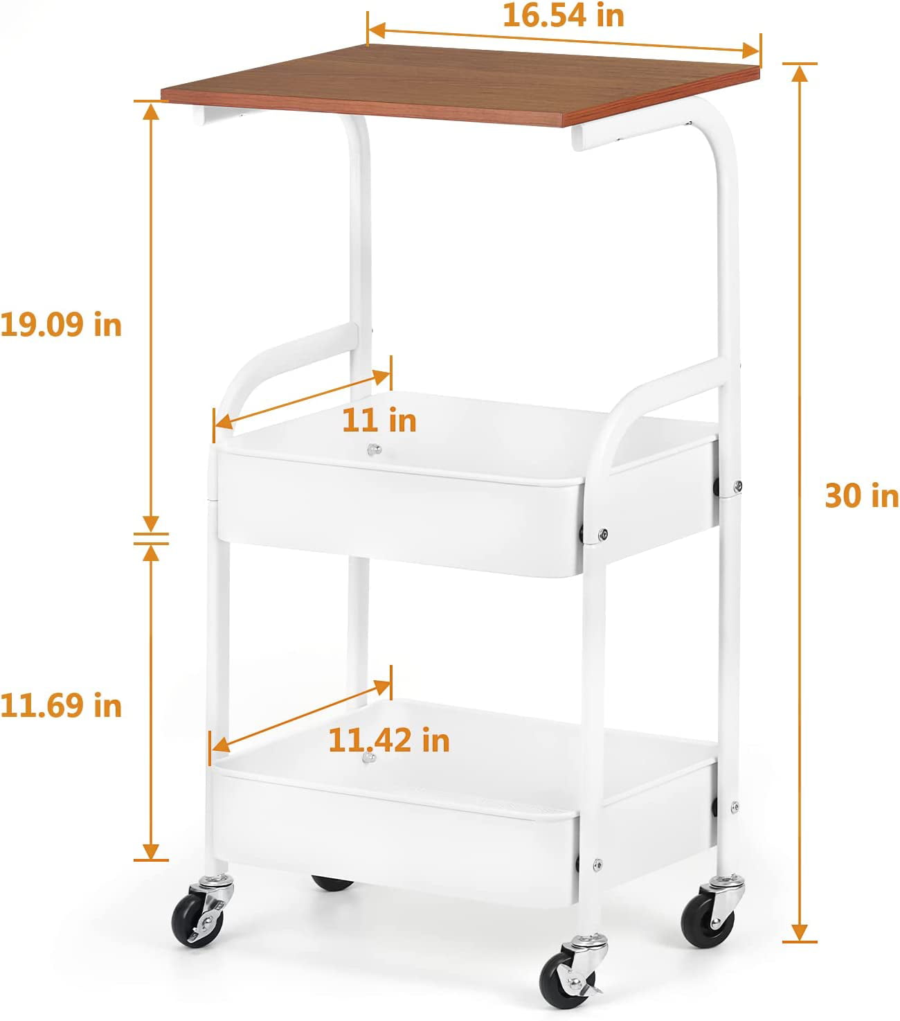 Kitchen Rolling Storage Cart， 3-Tier Slim Storage Cart with Wheels， Mobile Utility Cart with Wooden Tabletop， White