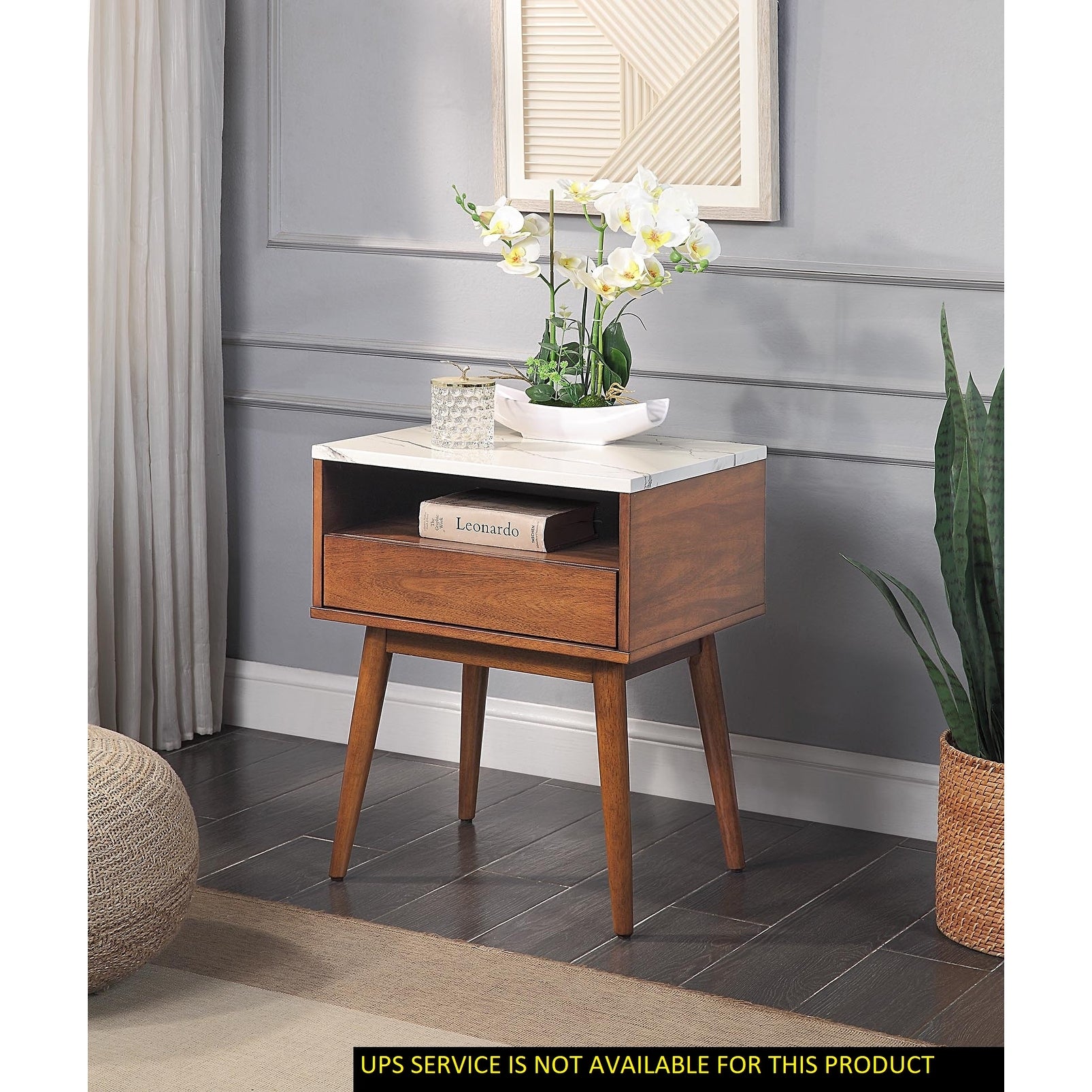 Walnut Finish End Table with Faux Marble and Drawer Shelf Living Room Furniture