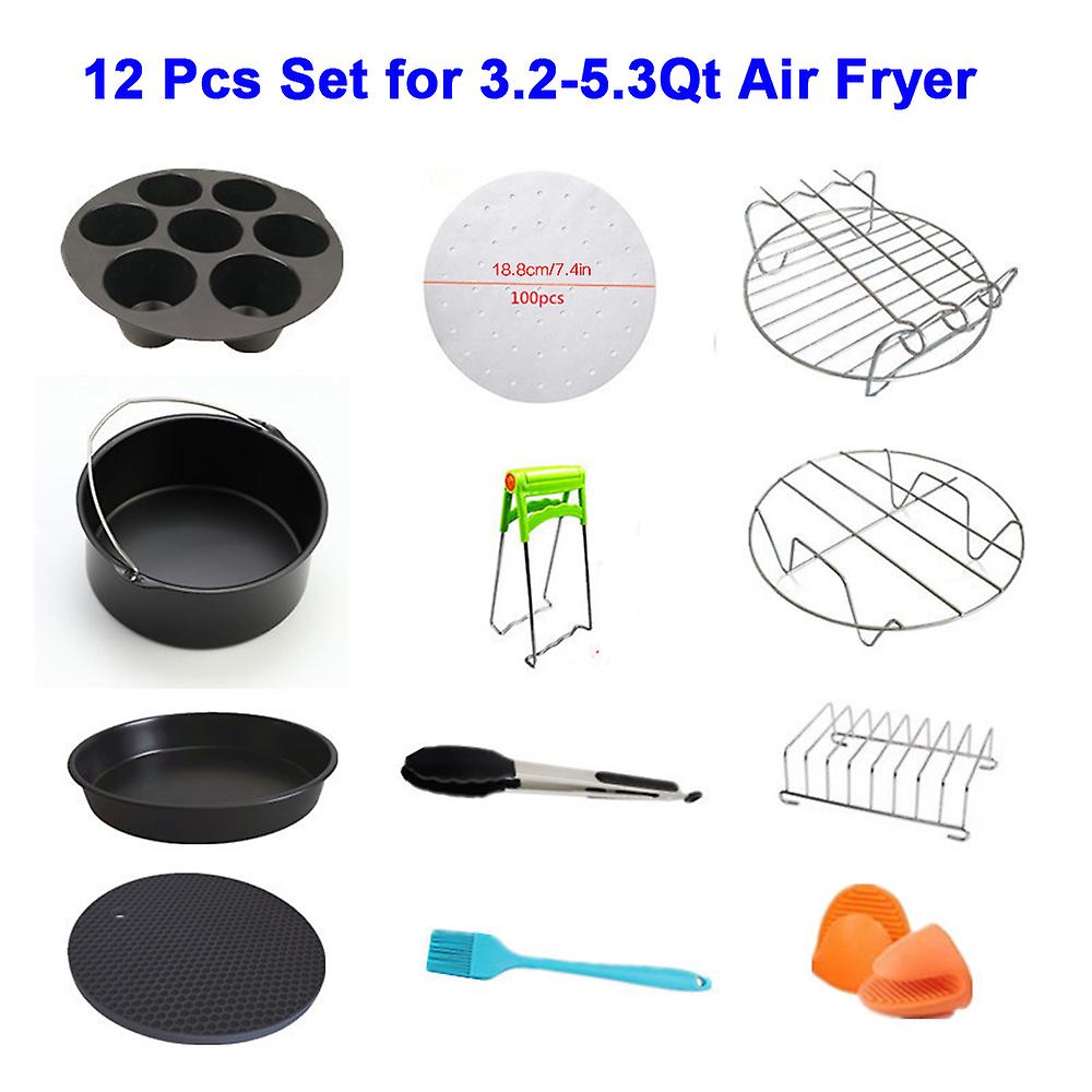 12 Pcs Air Fryer Accessories Set For 3.2-5.3qt Air Fryer Nonstick Coating Cake Pizza Pan Toasting Racks Silicone Gloves Black