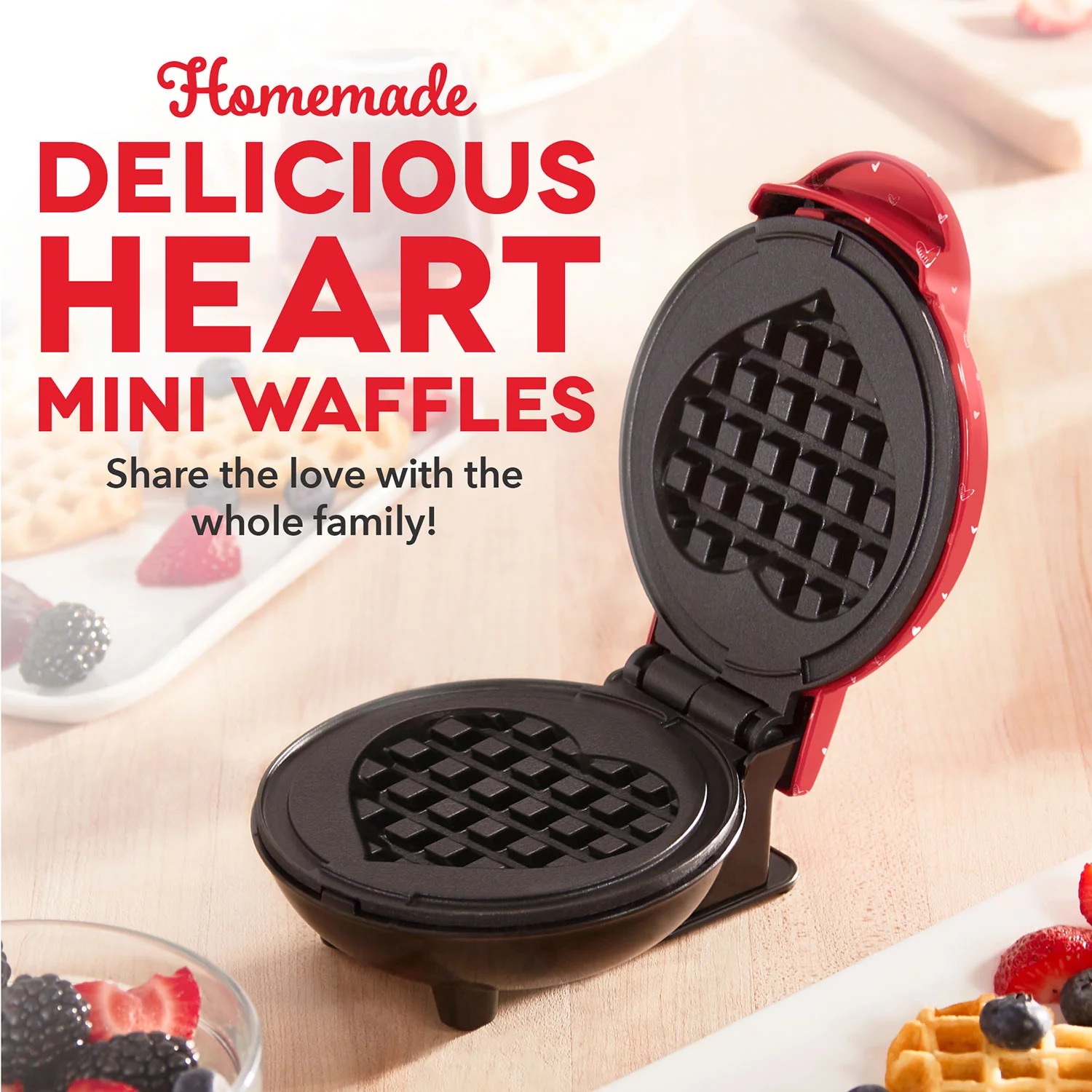 Dash Heart Miniature Waffle Maker with Heart Print Lid