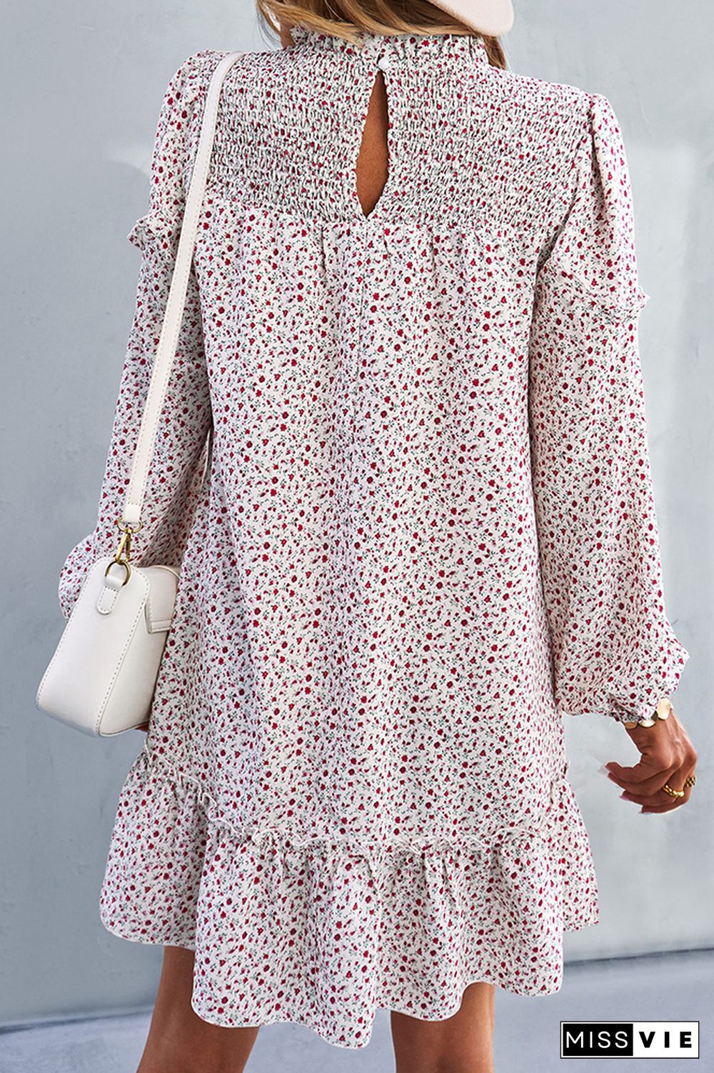 Flower Puff Long Sleeve Smock Dress