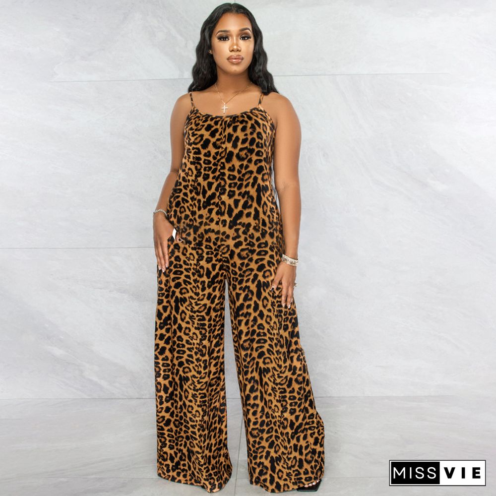 Leopard Spaghetti Strap Loose Plus Size Jumpsuits