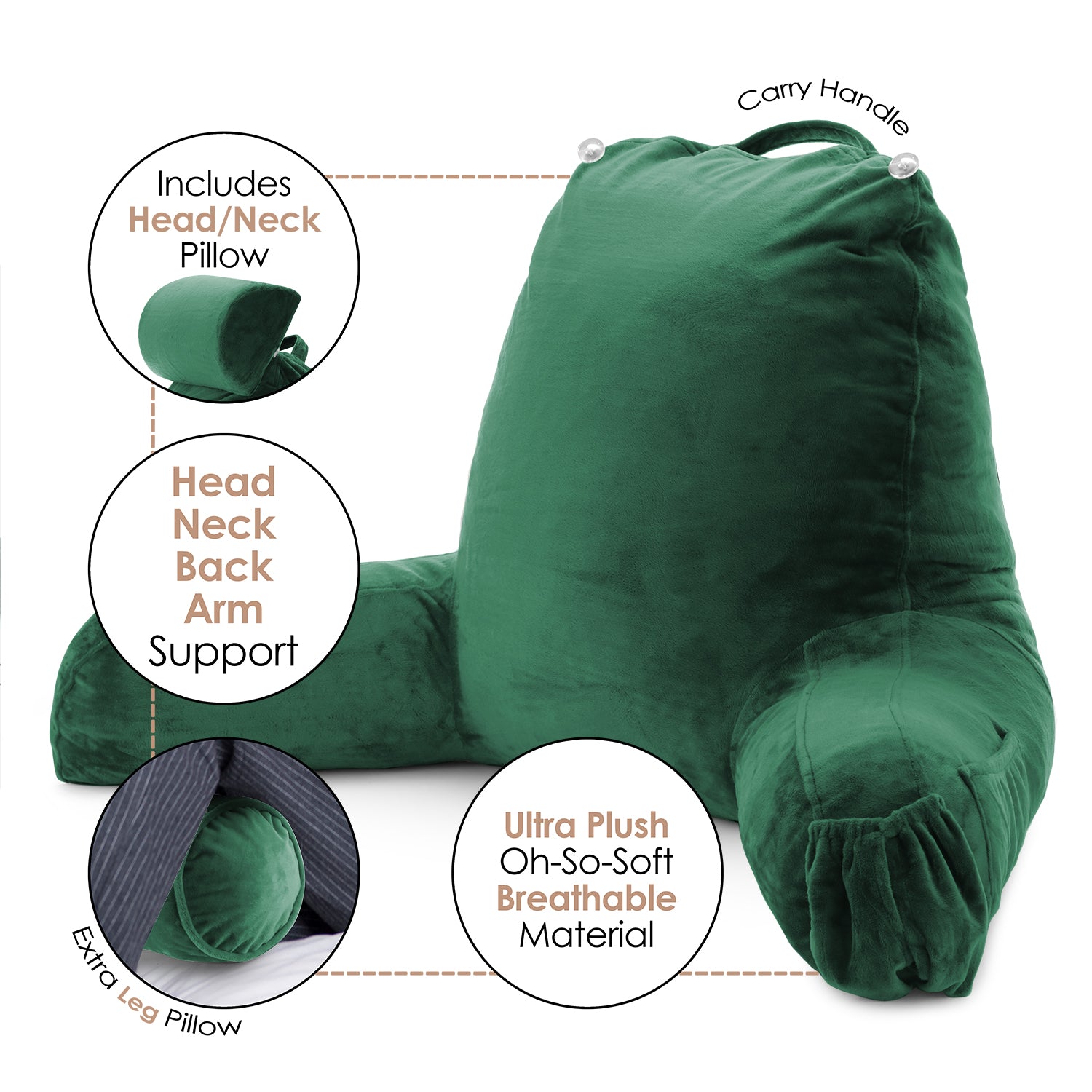 Nestl Reading Pillow, Extra Large Bed Rest Pillow with Arms – Premium Shredded Memory Foam TV Pillow, Detachable Neck Roll & Lumbar Support Pillow - Hunter Green