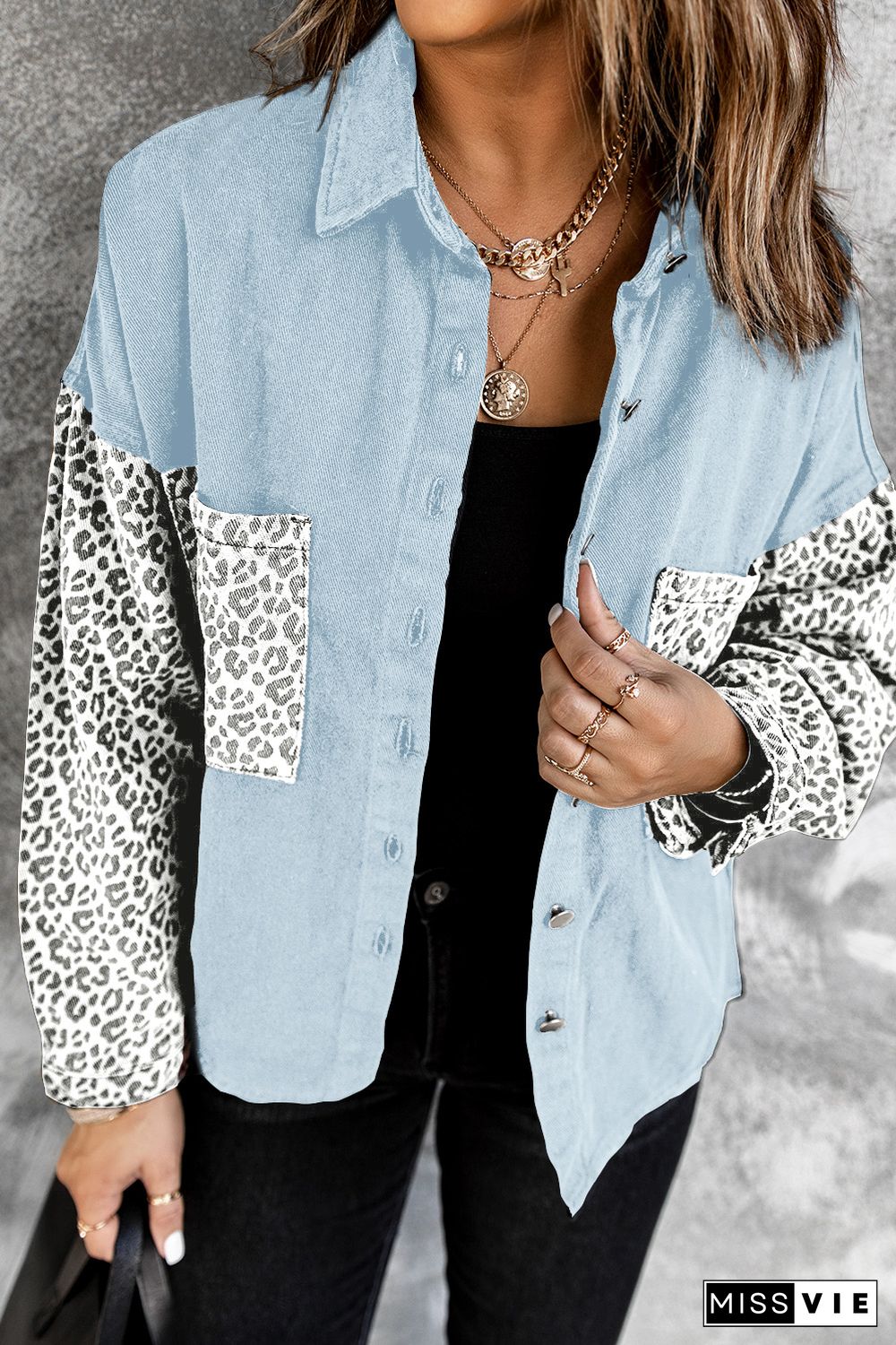 Sky Blue Contrast Leopard Denim Jacket