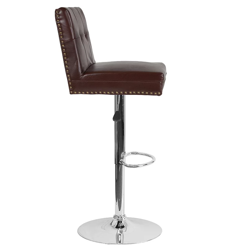 Emma and Oliver Adjustable Tufted Accent Trimmed Back Barstool-Brown LeatherSoft