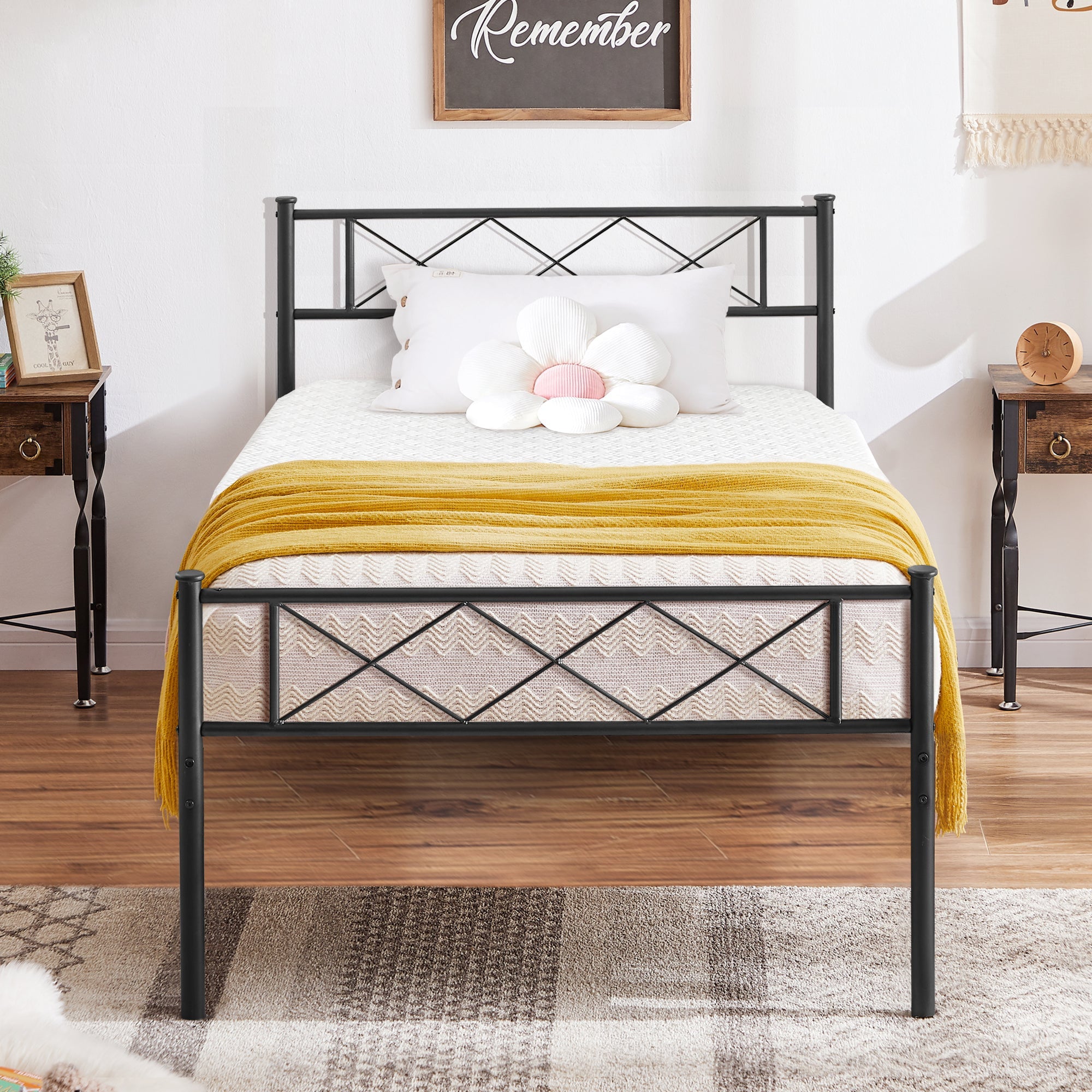 VECELO Metal Bed Frame with Headboard, Modern X-Design Platform Bed Heavy Duty Slat Support, Easy Assemly, Twin Size, Black