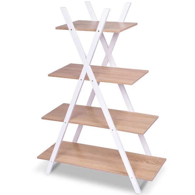 Costway 4 tier Bookshelf Storage Display Shelves Bookcase Ladder X shape